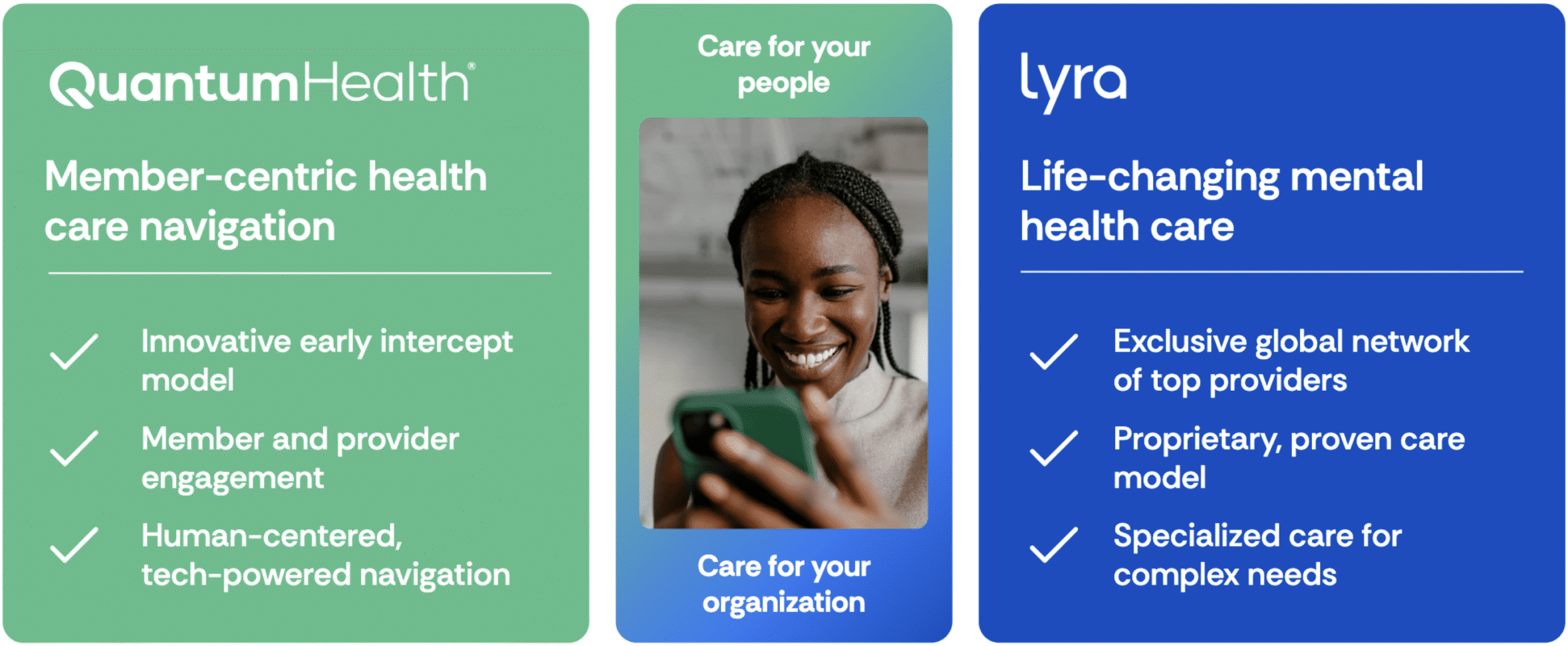 Three panels: Quantum Health logo with health care navigation features; a smiling person looking at a phone; Lyra logo with mental health care benefits, including top providers and specialized care for complex needs.