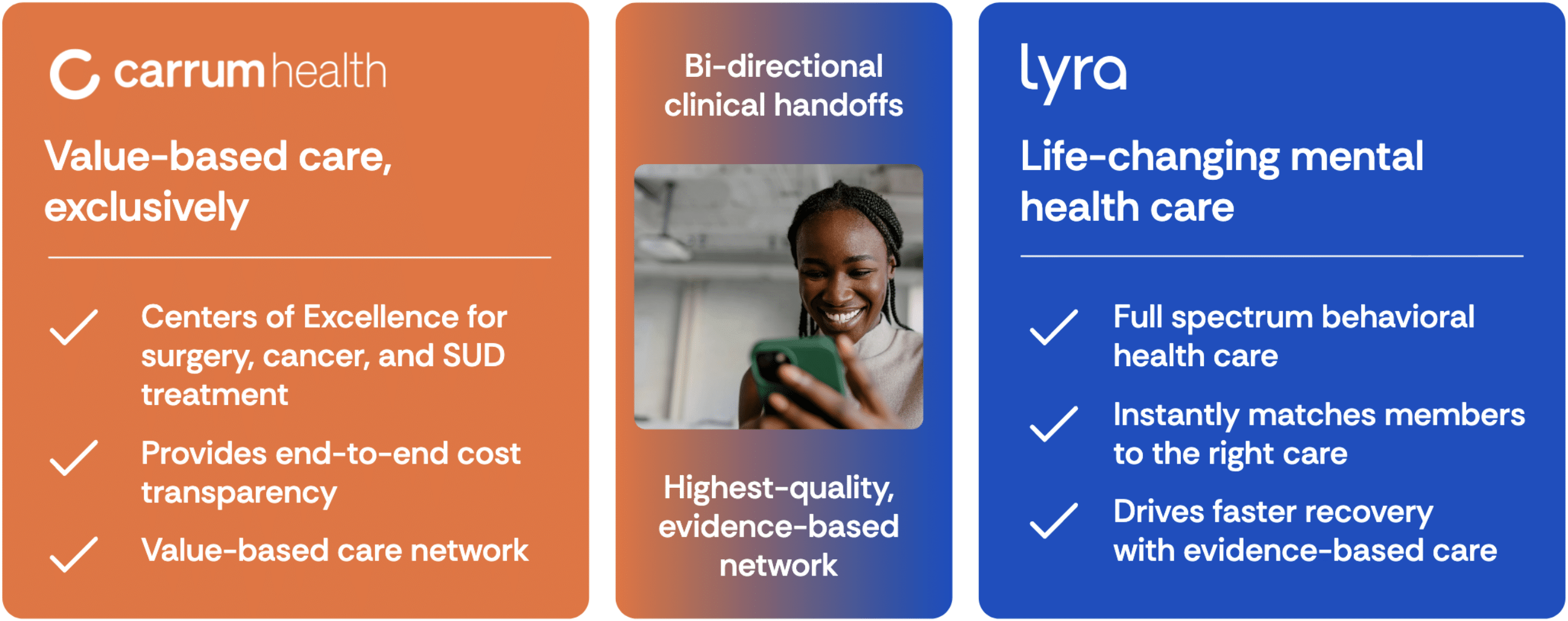 Three panels: Carrum Health offers value-based care; center shows a smiling woman with headset for clinical handoffs; Lyra provides evidence-based mental health care and faster recovery. Each lists key features.