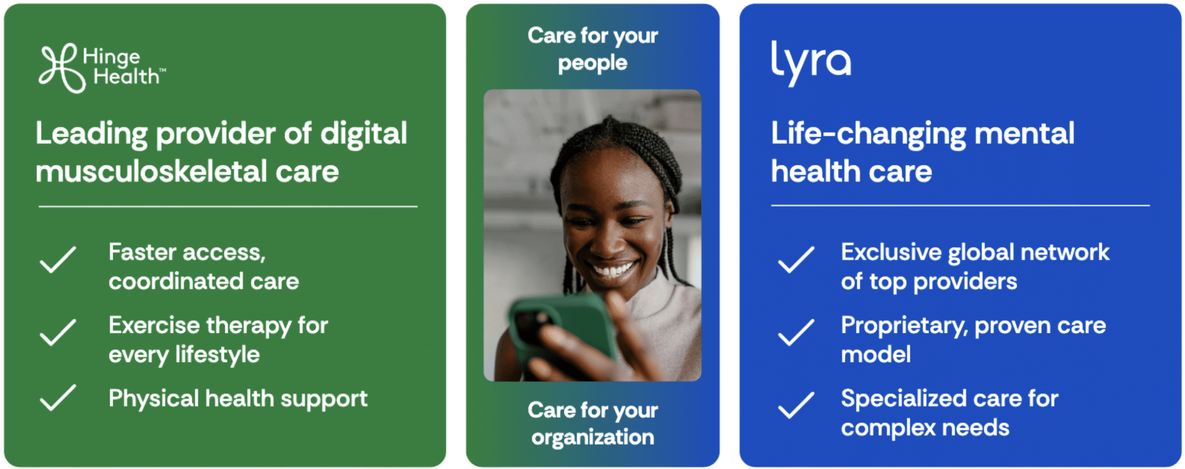 Infographic comparing Hinge Healths digital musculoskeletal care and Lyras mental health care, with key features listed and a smiling person looking at a phone in the center panel.
