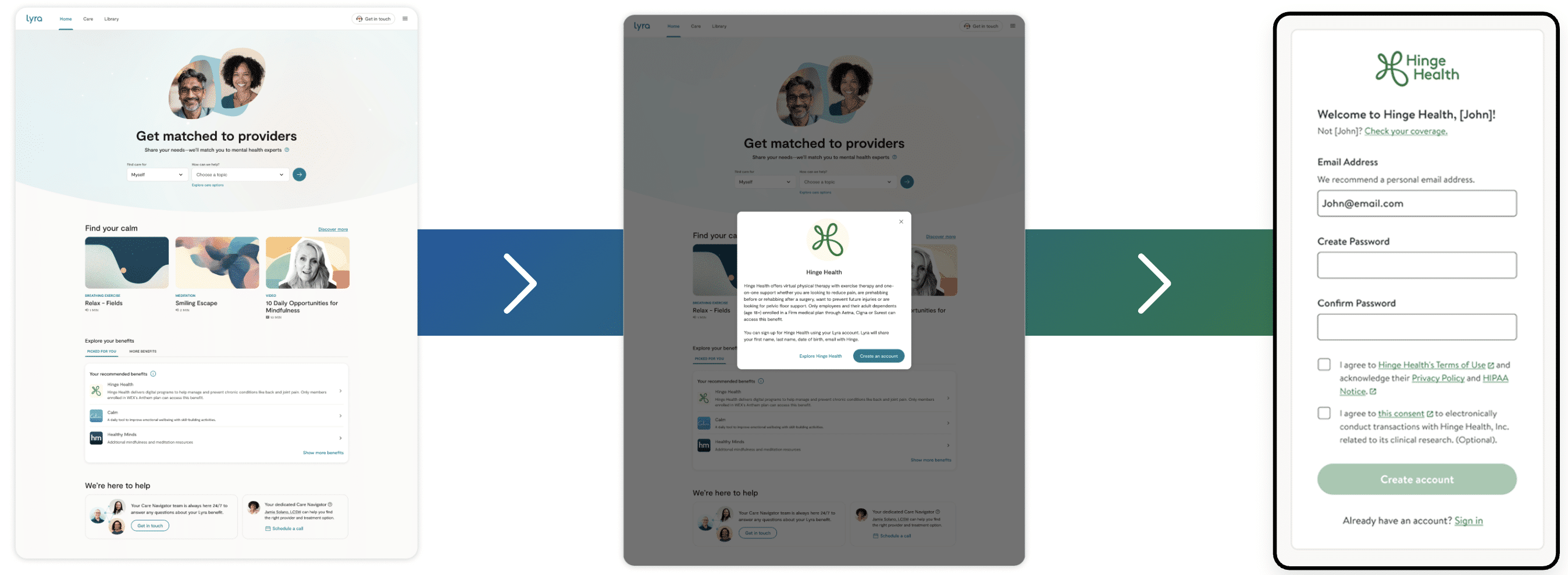 Three steps show a website sign-up process: selecting a health plan, receiving a pop-up confirmation, and filling out a registration form for Hing Health with email, password, and agreement options.