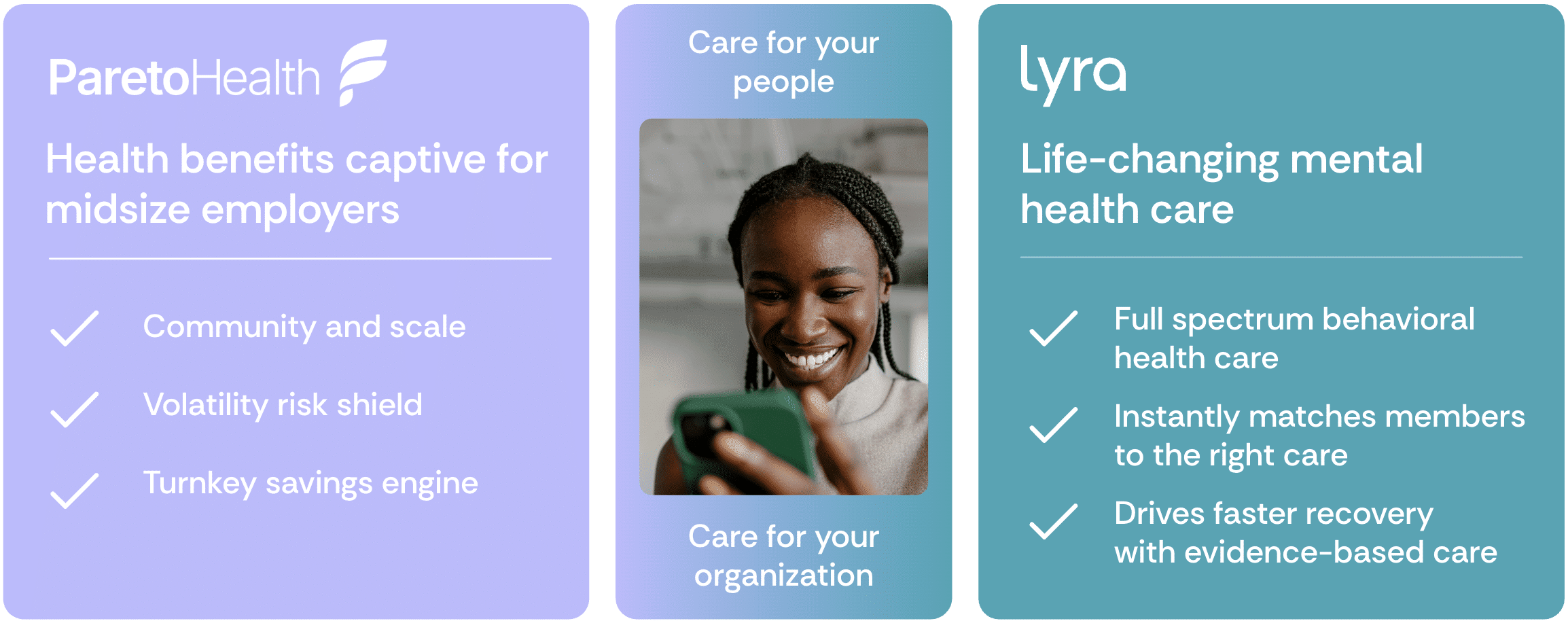 Three panels: ParetoHealth lists benefits for midsize employers, center shows a smiling woman with a phone, Lyra details life-changing mental health care with checklists of services. Blue, teal, and purple backgrounds.