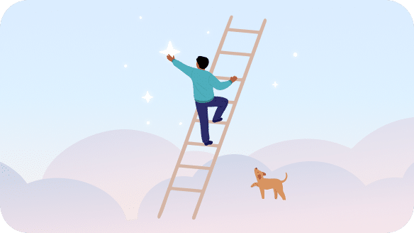 A person climbs a ladder reaching for a star in the sky, while a dog stands below on a cloud, looking up.