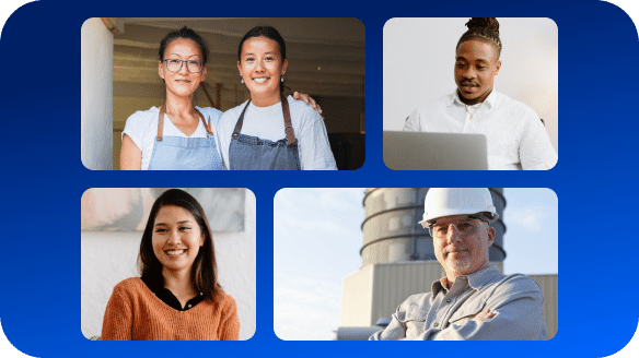 Four people in separate frames: two women in aprons smiling, a man with a bun using a laptop, a smiling woman in an orange sweater, and a man in a hard hat standing outdoors. All are set against a blue background.