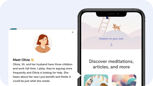 A digital illustration features a profile of a woman named Olivia and a smartphone screen showing wellness resources, including meditations and articles, with pastel illustrations.