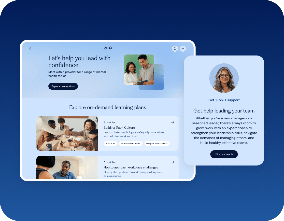 Screenshot of a mental health platform showing on-demand learning plans, support options, and a woman offering 1-on-1 coaching for leaders. The interface features photos, text modules, and a blue background.