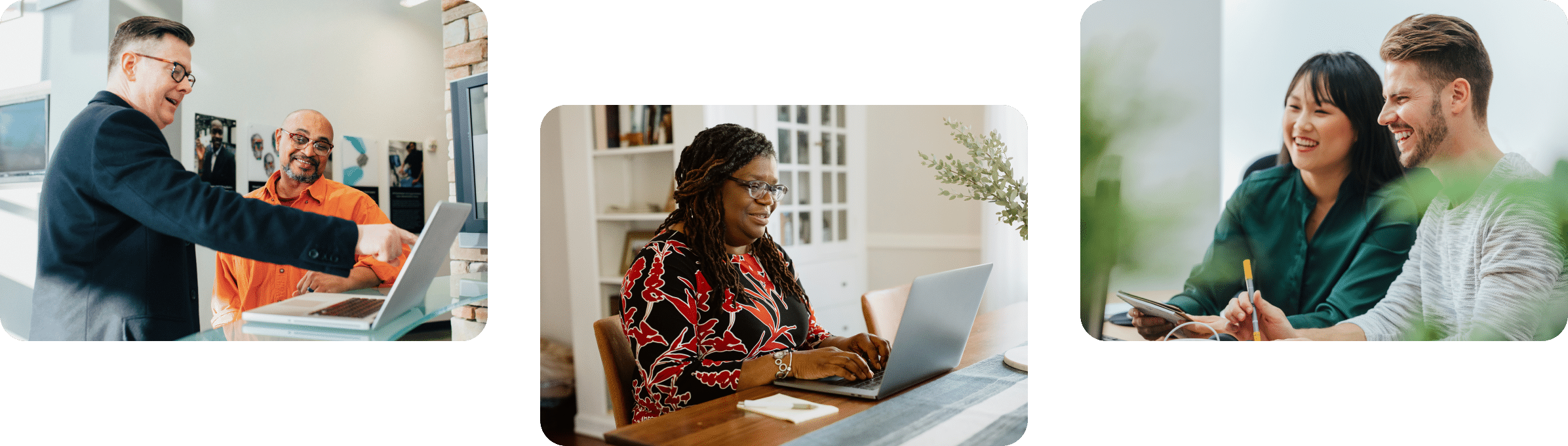 Three photos: Two men smiling at a computer, a woman in glasses working on a laptop, and a man and woman sitting together smiling and taking notes.