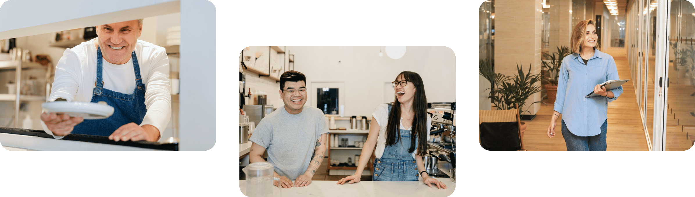 Three images: a smiling cook hands out a plate, two people laugh behind a counter, and a person walks down a hallway holding a tablet, all in professional or casual work settings.