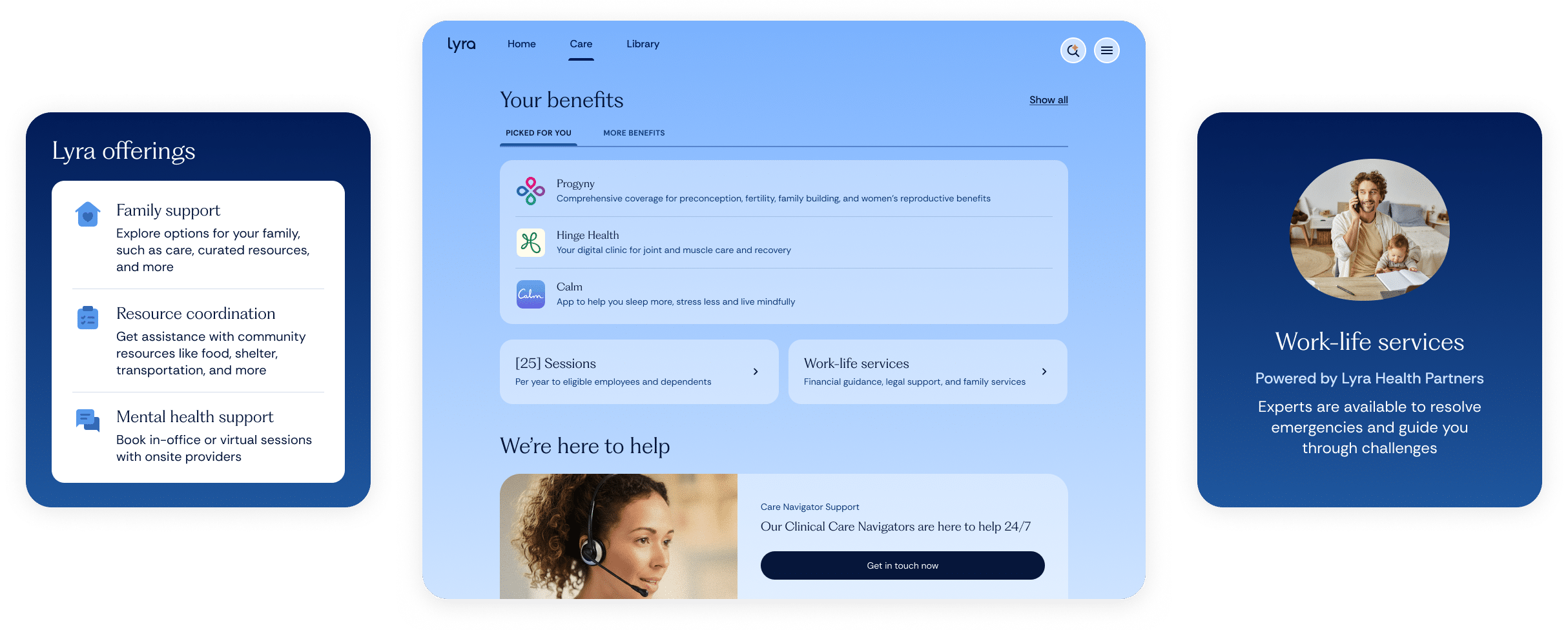 Screenshot of a benefits portal showing family support, resource coordination, and mental health support, plus virtual visits and work-life services, with a focus on employee wellness and care navigation.