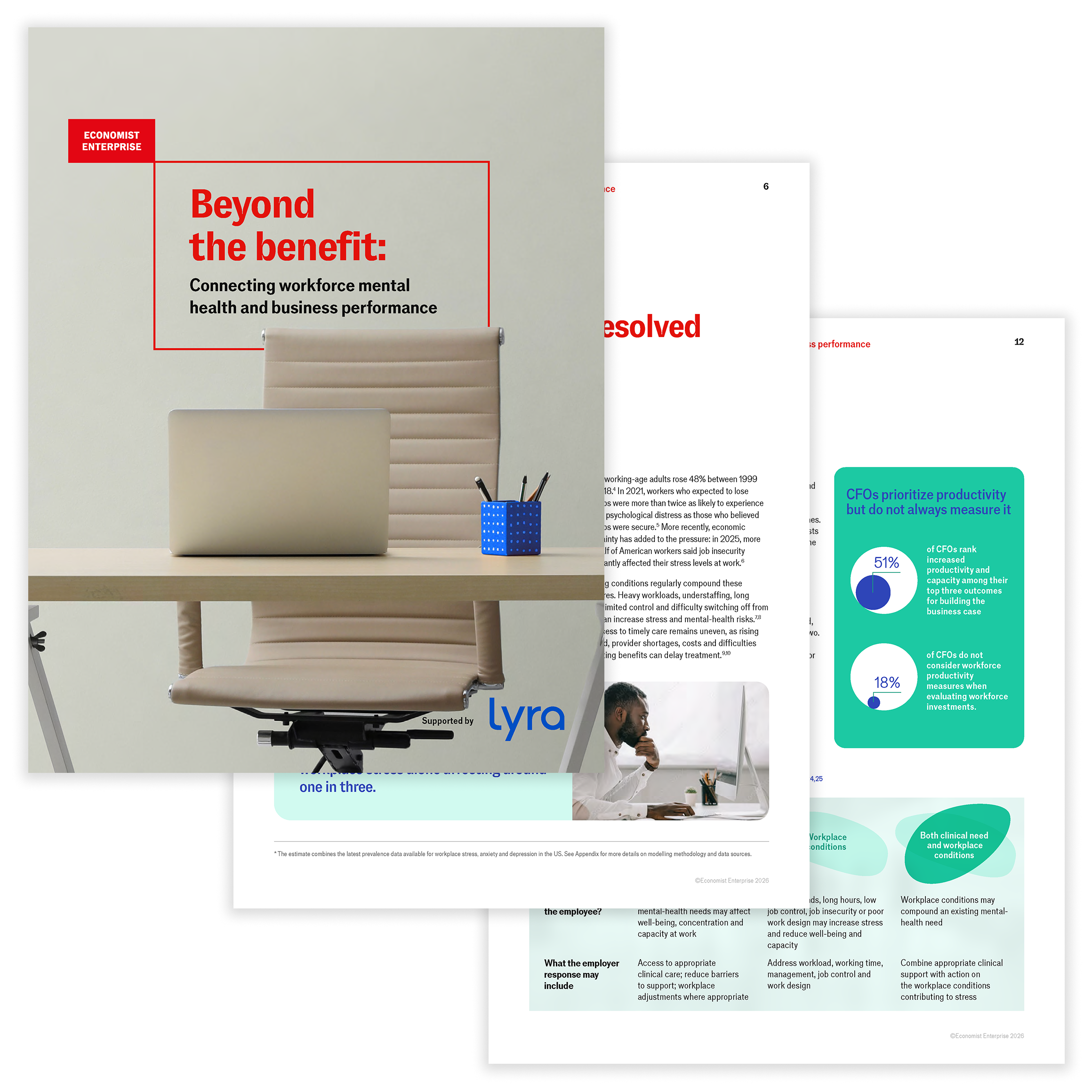 Cover page of a report titled Beyond the benefit: Connecting workforce mental health and business performance, with an empty chair at a desk and two pages of the report partially visible behind it.