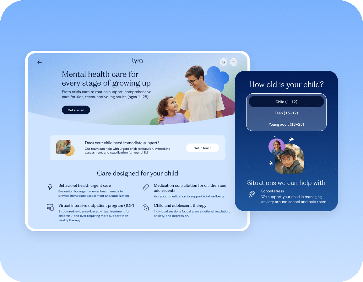 A mental health care website page for children and teens, showing options to select age group and highlighting care services. Two photos of children with adults are included. The design uses calming blue and white tones.