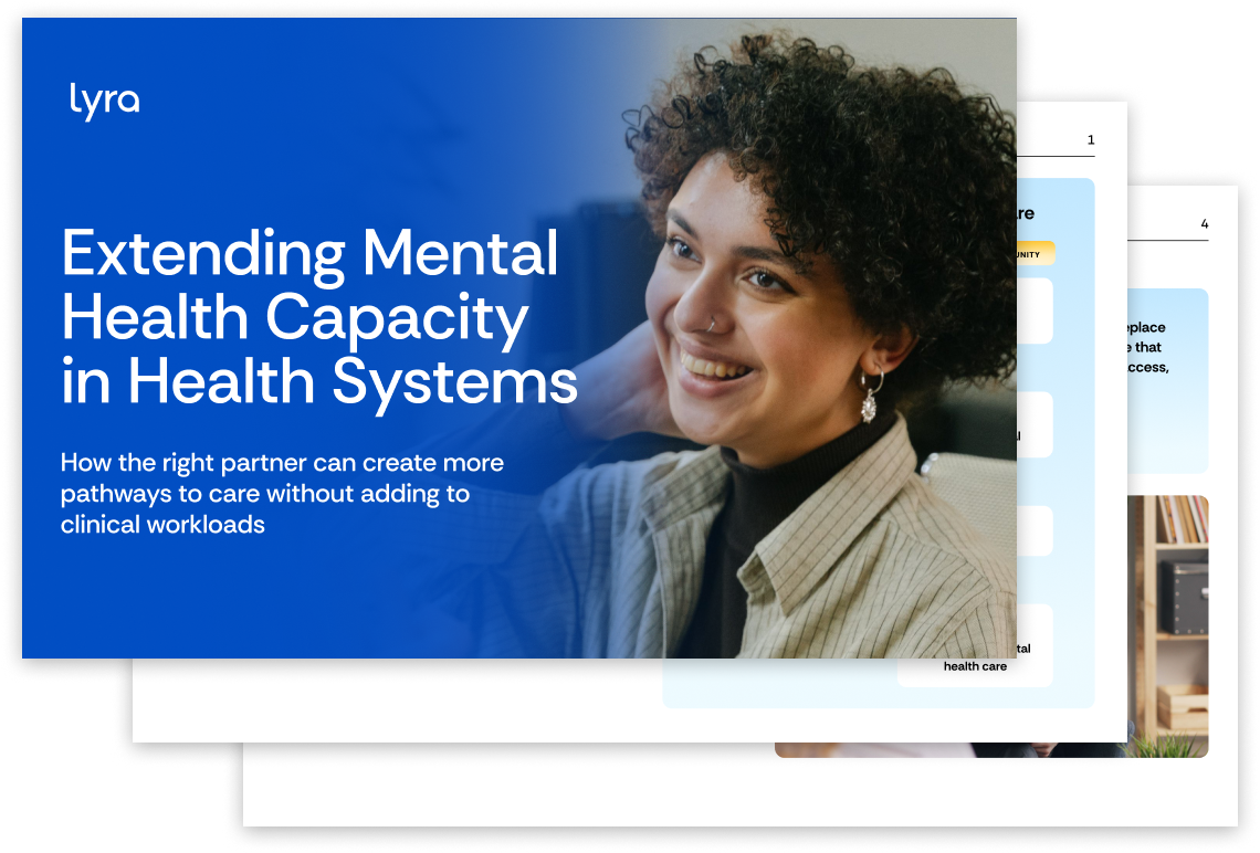 A smiling woman in a tan sweater is next to text that reads: Extending Mental Health Capacity in Health Systems. How the right partner can create more pathways to care without adding to clinical workloads..