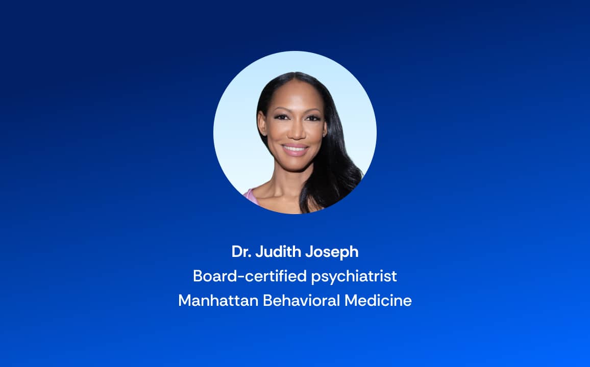 Professional headshot of a smiling woman with long dark hair, labeled as Dr. Judith Joseph, board-certified psychiatrist at Manhattan Behavioral Medicine, on a blue gradient background.
