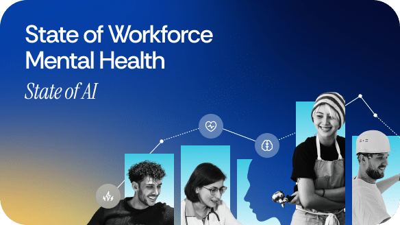 Four professionals smile against a gradient background with health icons and ascending bars. Text reads: State of Workforce Mental Health, State of AI. The image suggests AIs impact on workplace mental health.