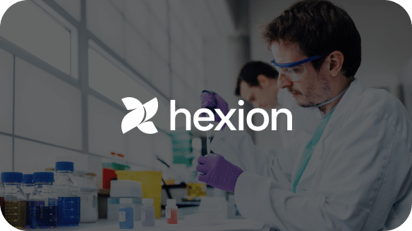 Hexion company logo overlaid on a researcher in a lab setting using a pipette.